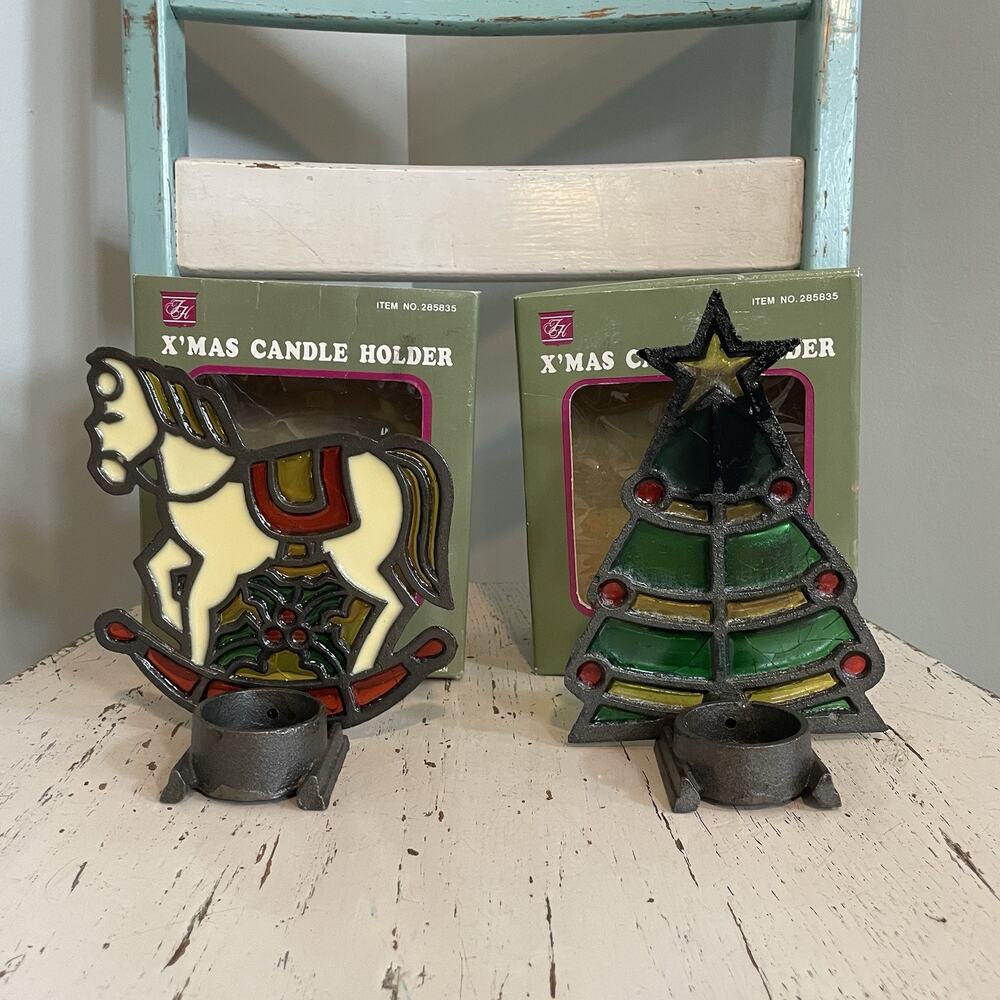 VTG  Stained Glass Christmas Votive Candle‎ Holders Cast Iron Rocking Horse Tree - Picture 6 of 8